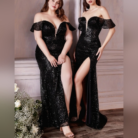 COPY - Plus size black,green,blue,sequin long off shoulder fitted gown - Picture 7 of 9